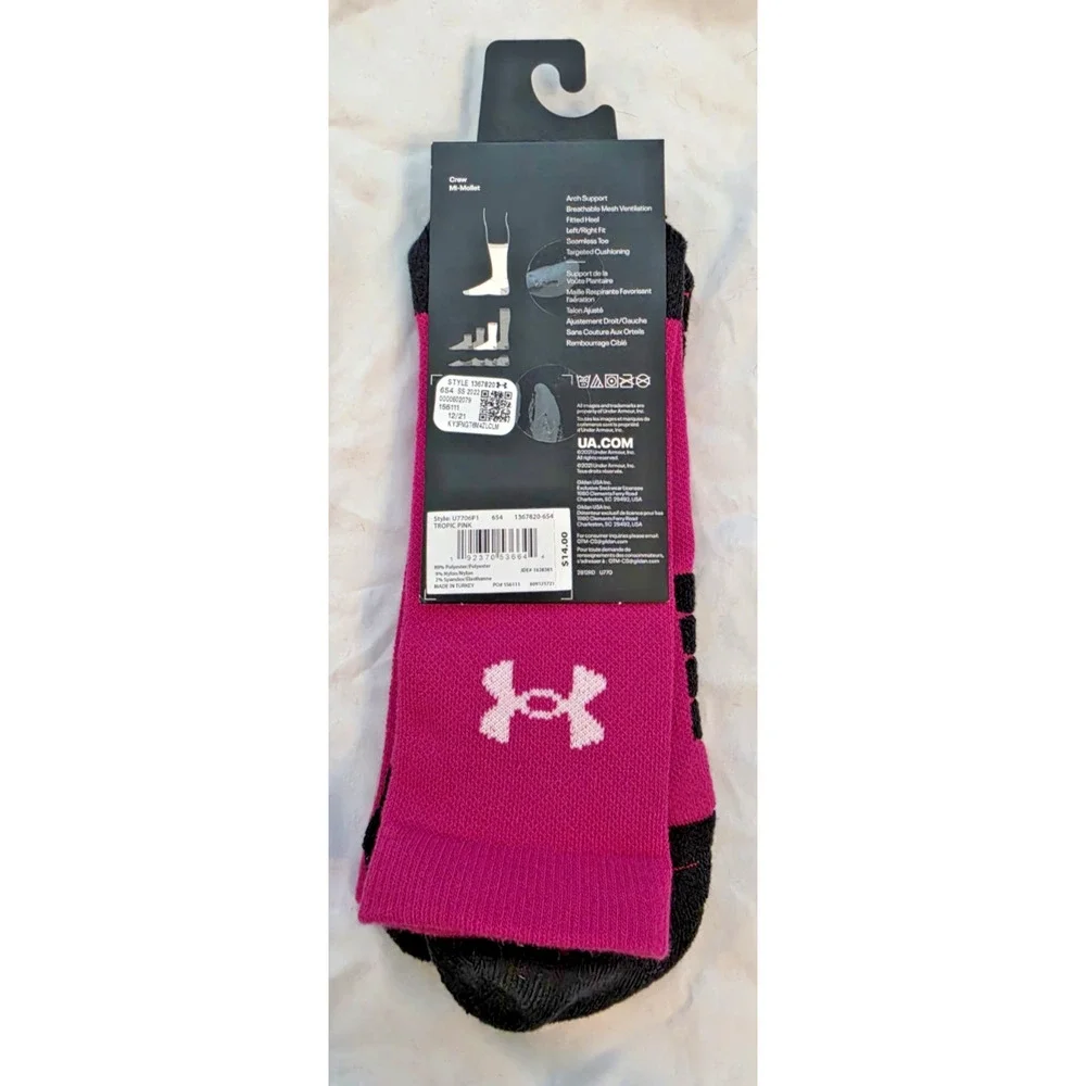 Under Armor Pink Socks Anti Odor Crew Left/Right Arch Support U7706P1 $14 13-16